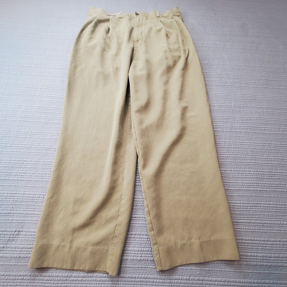 Tommy Bahama Relax 100% Silk Pleated Wide Leg Pants Khaki Tan Size 36 x UFN